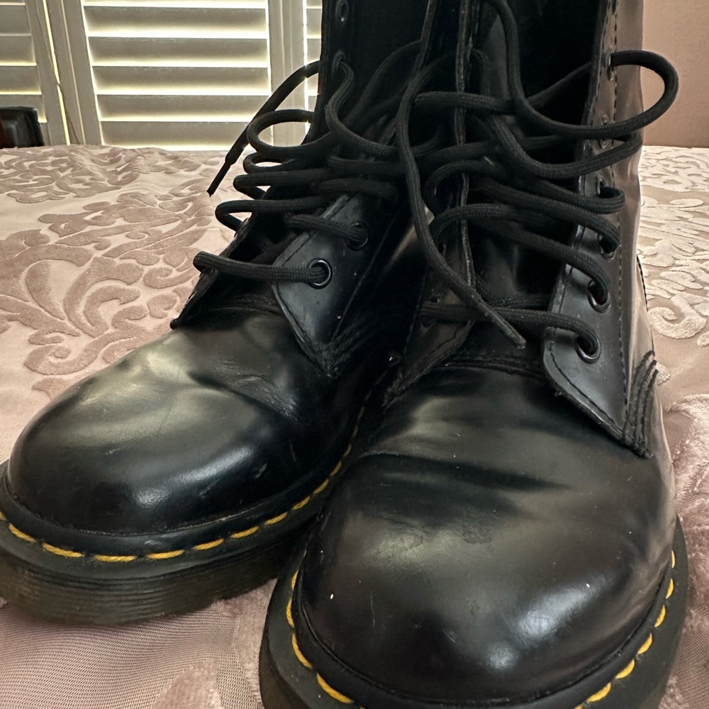 Dr. Martens Black Leather Boots with Yellow Stitching
